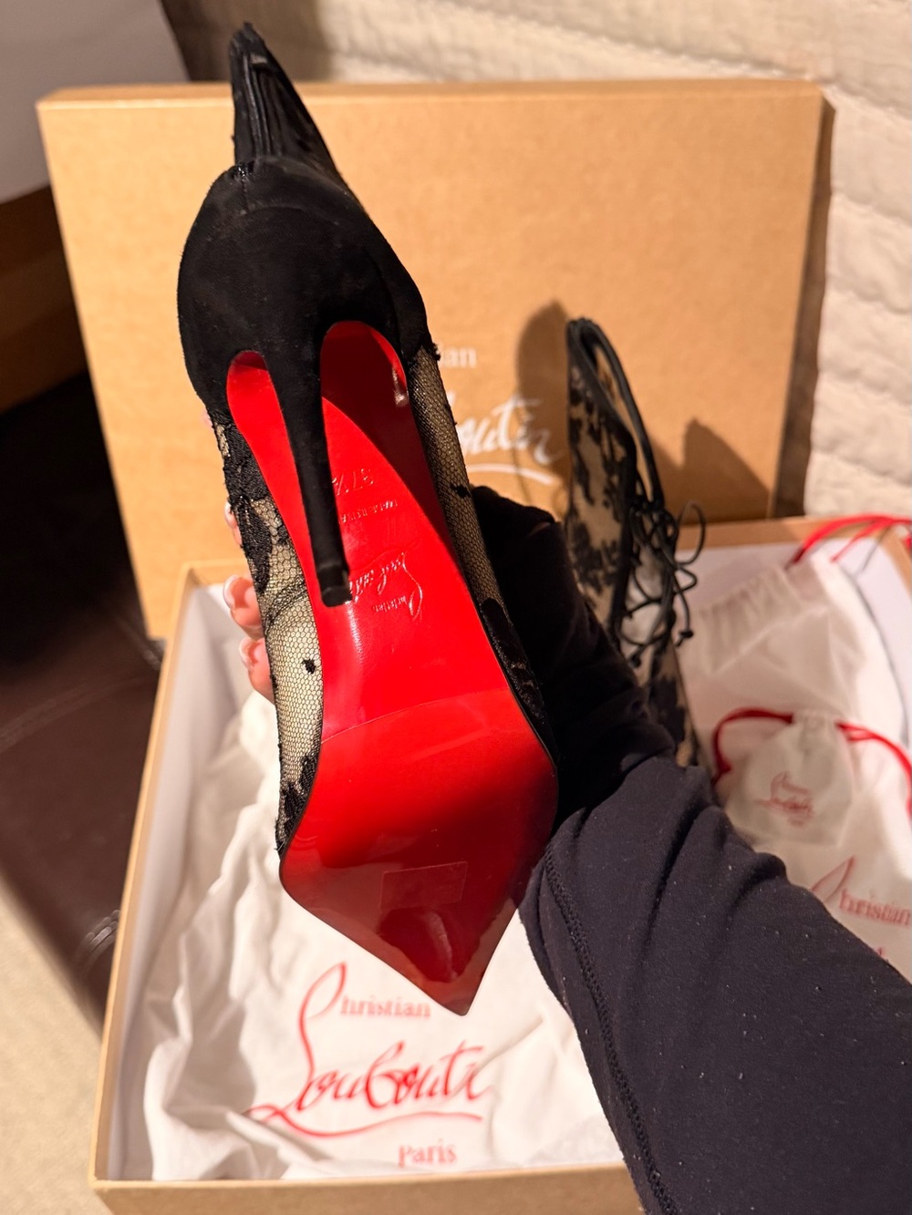 Christian Louboutin Black Lace Pointed Lace-Up Ankle Boots with Red Sole - Picture 6 of 10
